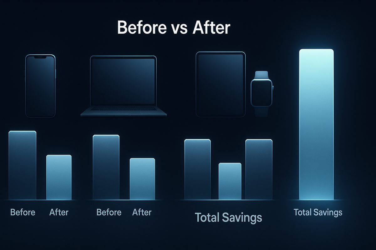 Minimalist blue comparison dashboard—phone, laptop, tablet, and watch above “before vs after” bar charts, with a towering “total savings” column—clean futuristic glow, satisfying visualization of how much money you truly save  