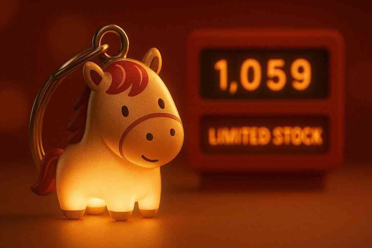 Adorable glowing horse-shaped key charm in warm orange light, with a blurred “limited stock” counter in the background—super cute but scarce New Year collectible, cozy yet urgent desire to grab it before it disappears  