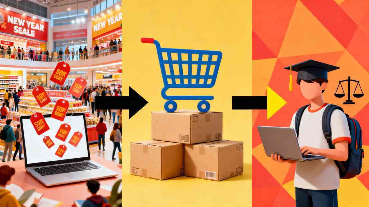 Vibrant three-part scene—bustling New Year sale floor with red tags, central shopping cart on stacked boxes, and a student avatar with laptop and justice scales—emotional comparison of store deals, online bargains, and calm student discounts, inviting smart decision-making  