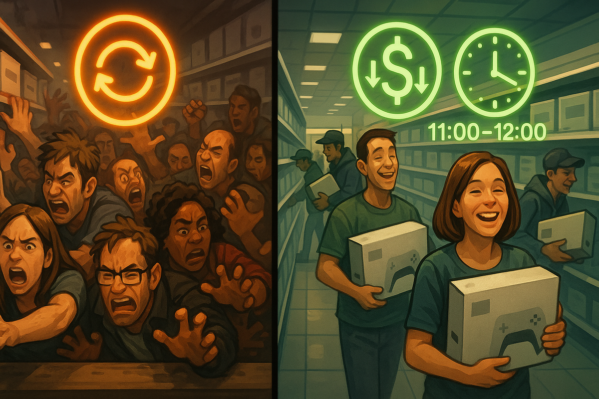 Split-screen store chaos versus calm—rage-filled weekend crowd clawing for consoles on the left, relaxed Monday shoppers smiling with boxes under glowing icons for restock, low price, and 11:00–12:00 timing—clear emotional contrast between stress and smart timing