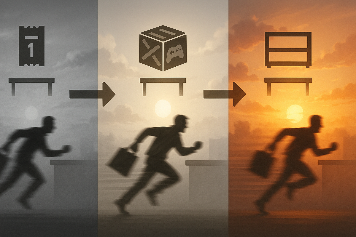 Three-step sunrise journey of a determined buyer running from ticket to console box to checkout counter—monochrome dawn shifting into warm orange success—fast, cinematic visual of a Monday restock strategy that turns hustle into victory