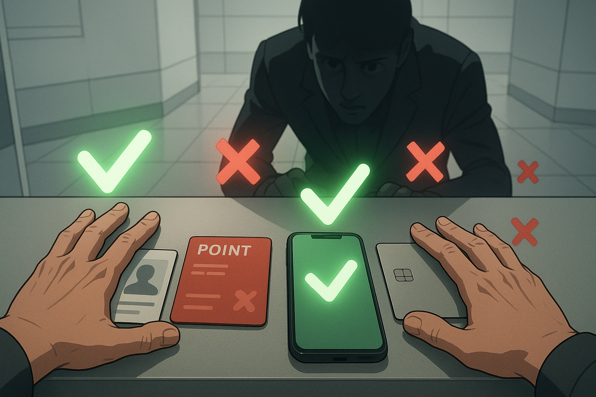 Nervous shopper leaning over a counter while hands present ID, point card, smartphone app, and payment card—big green checkmarks and harsh red Xs hovering above each item—high-stakes, emotional moment of meeting all purchase conditions for a limited console