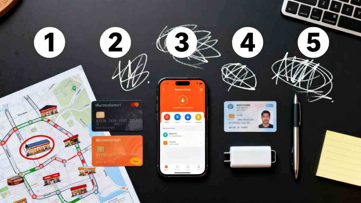 Flat-lay “Monday hunting kit” on a black desk—city map with circled stores, multiple cards, smartphone app in the center, ID, charger, pen, and sticky note under bold numbers 1–5—organized, satisfying preparation scene for a perfectly planned console run