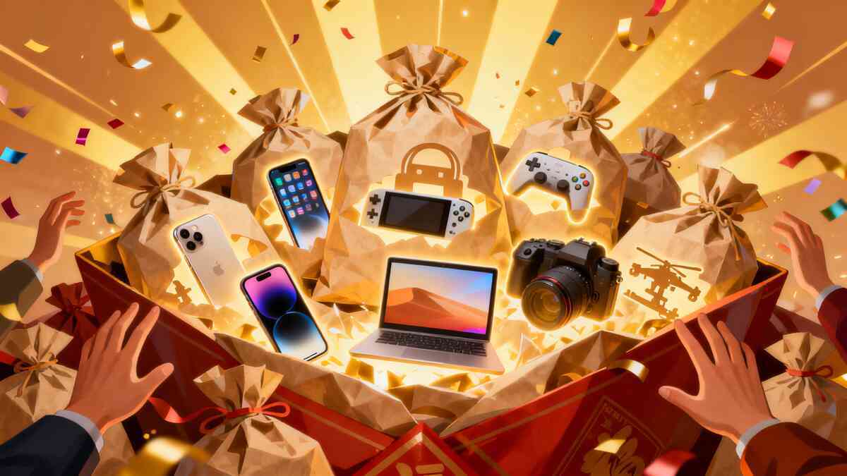Treasure-chest explosion of New Year lucky bags—premium smartphones, handheld consoles, laptops and cameras shining from paper bags with confetti and golden rays—dreamy Yodobashi fukubukuro 2026 contents reveal, pure jackpot excitement