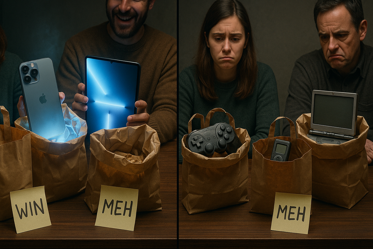 Side-by-side lucky bag reality check—on one side glowing new smartphone and tablet with smiling winners, on the other outdated gadgets and sad faces—honest contrast of Yodobashi fukubukuro hits and painful misses