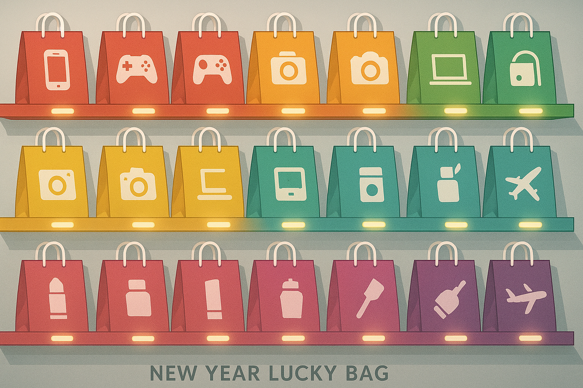 Color-coded shelves packed with New Year lucky bags—icons for phones, game gear, cameras, laptops, beauty, home appliances and travel—clean catalog view of all Yodobashi fukubukuro genres, inviting careful comparison