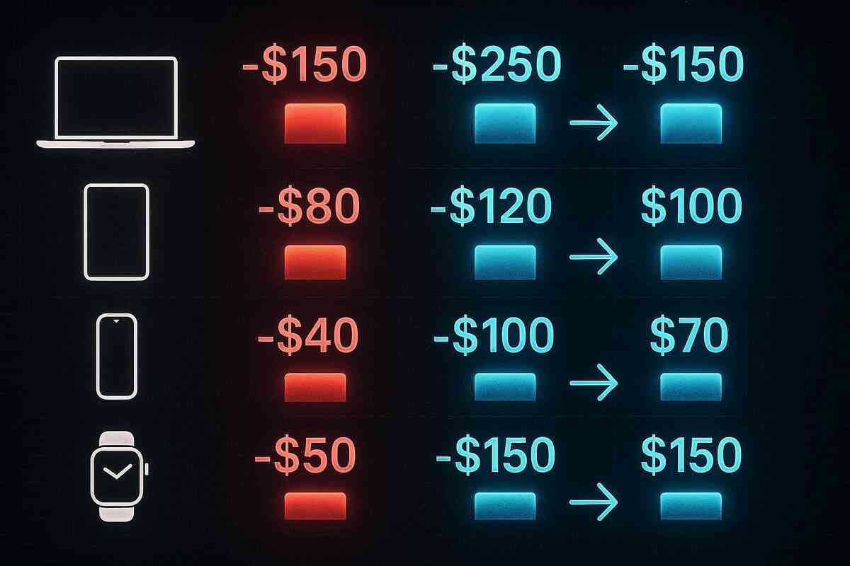 Neon comparison grid of laptop, tablet, phone and watch—red New Year discounts versus cooler blue student savings, arrows and dollar amounts lining up to reveal the true cheapest option at a glance, data-driven but exciting