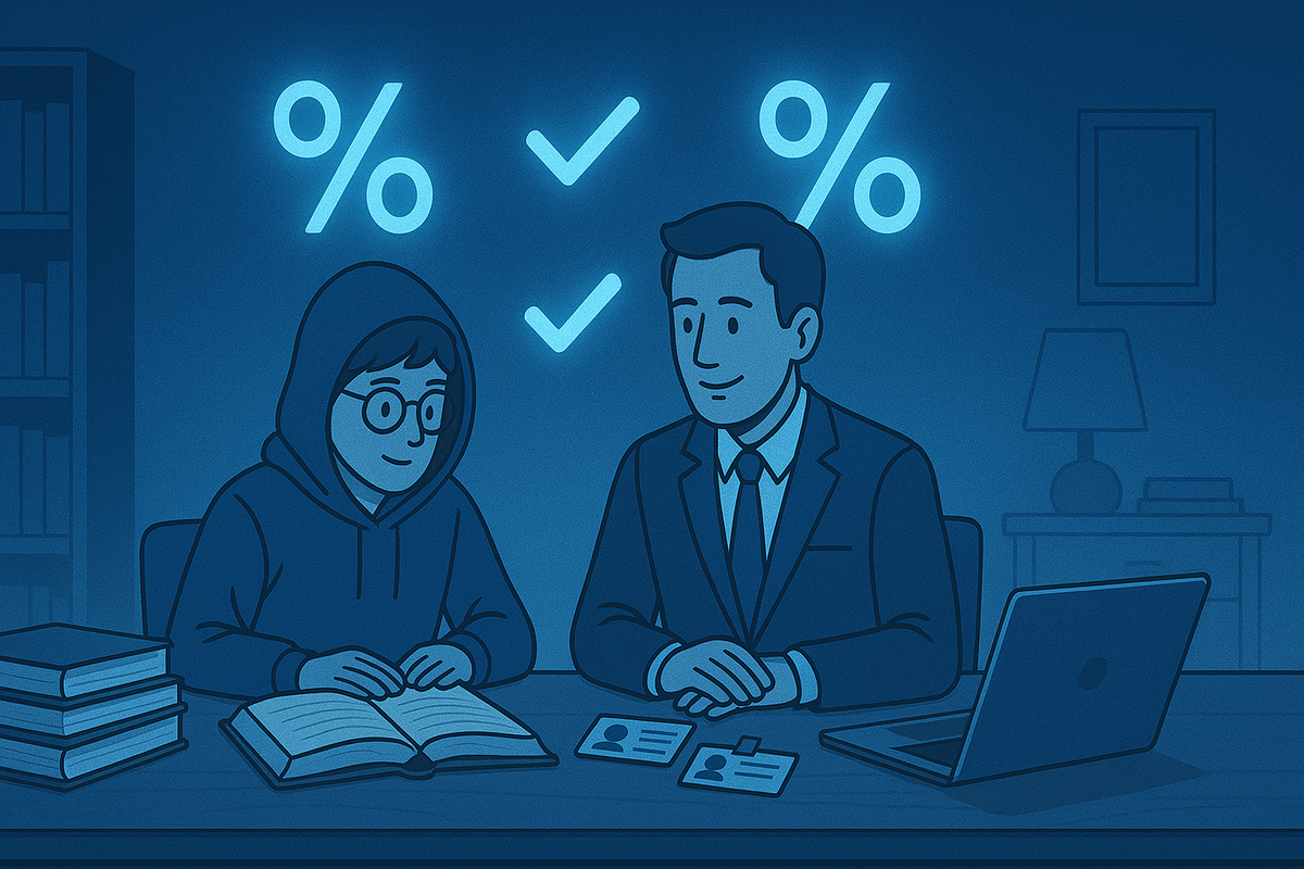 Cozy study scene in blue tones—a hoodie student and a suited advisor sitting with IDs and a laptop, glowing percent signs and checkmarks above their heads—warm, reassuring vibe that explains exactly who can use the education discount