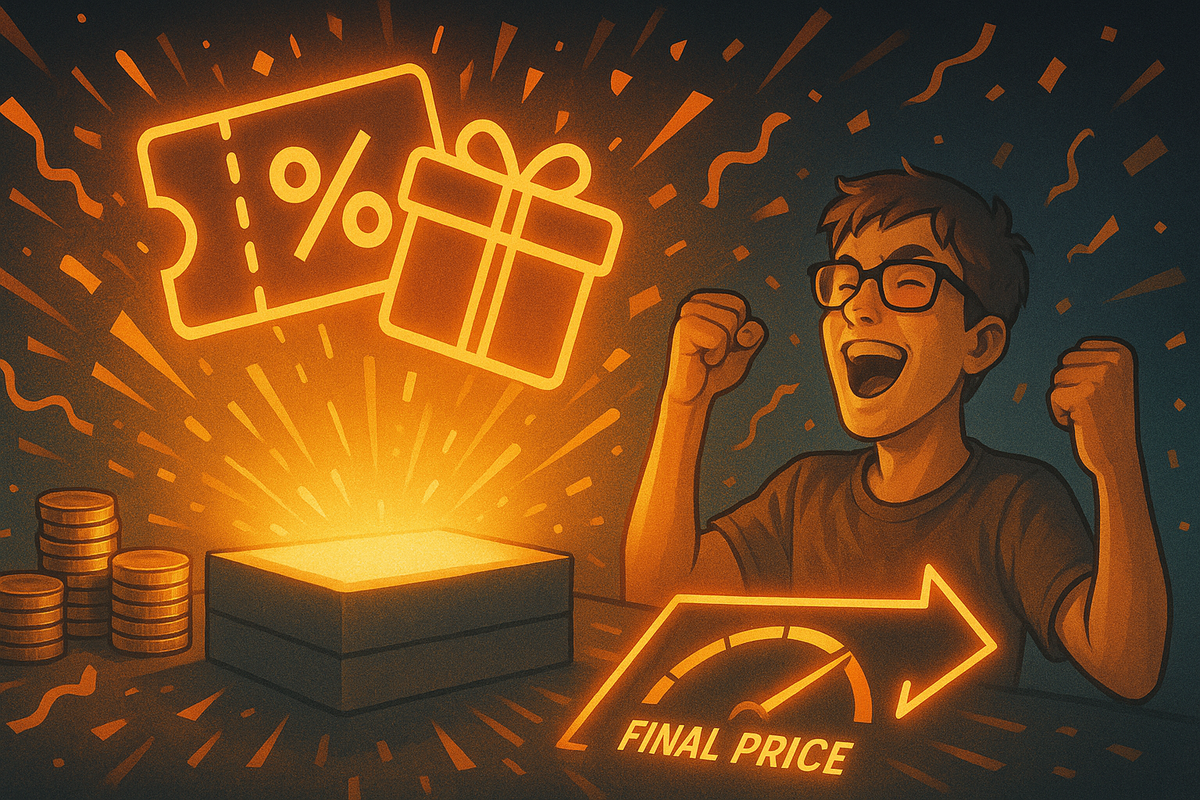 Overjoyed student throwing fists in the air as giant glowing coupon and gift icons burst from a box, stacks of coins nearby and a “final price” gauge dropping fast—pure jackpot feeling of stacking student discount with back-to-school bonuses