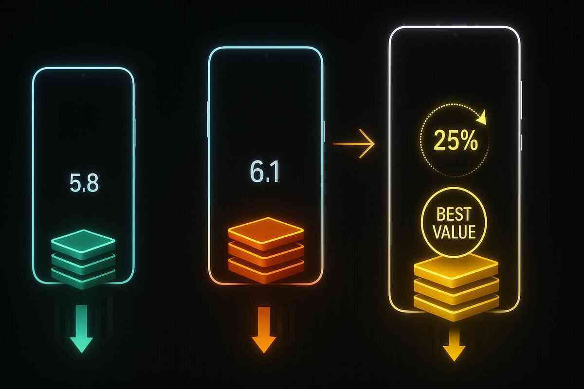 Three outline smartphones on a dark dashboard—different sizes stacked with glowing discount layers flowing into one “25% BEST VALUE” golden phone—clear visual of which iPhone size gives the sweetest New Year gift-card deal
