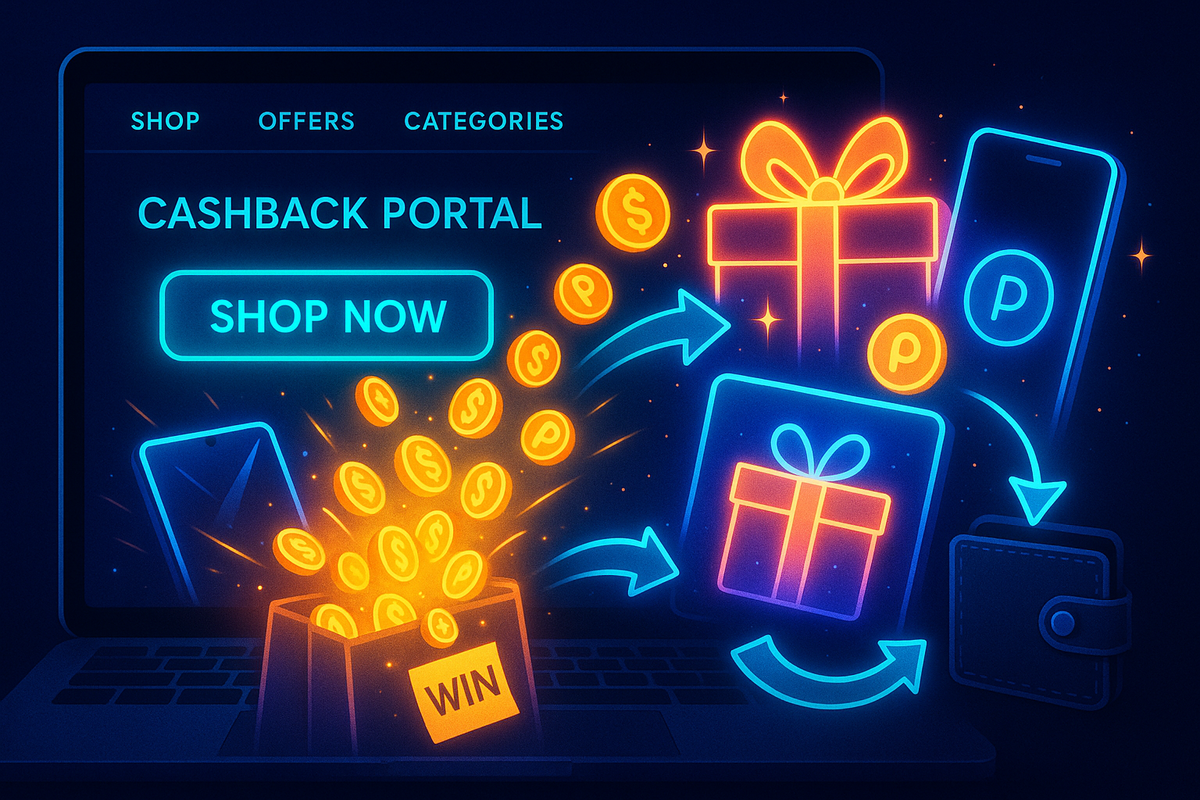 Laptop screen showing a bright CASHBACK PORTAL “shop now” button—gold coins exploding from a win box into gift cards, points icons looping through a phone and wallet—hypnotic illustration of stacking rebates and Apple gift cards for maximum savings
