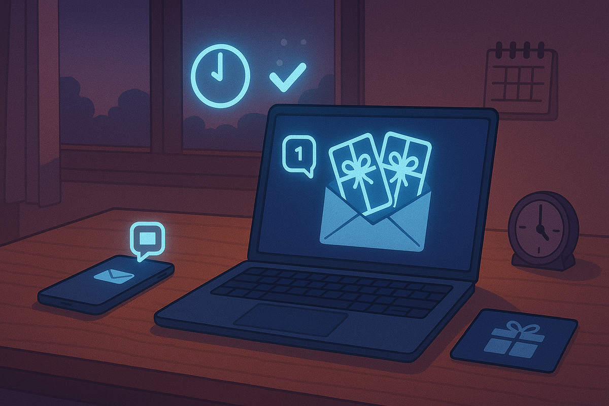 Quiet evening desk with laptop and phone notifications lighting up—email envelope on screen bursting with digital gift cards, clock and calendar icons in the background—calm but excited moment when your Apple New Year bonus finally arrives