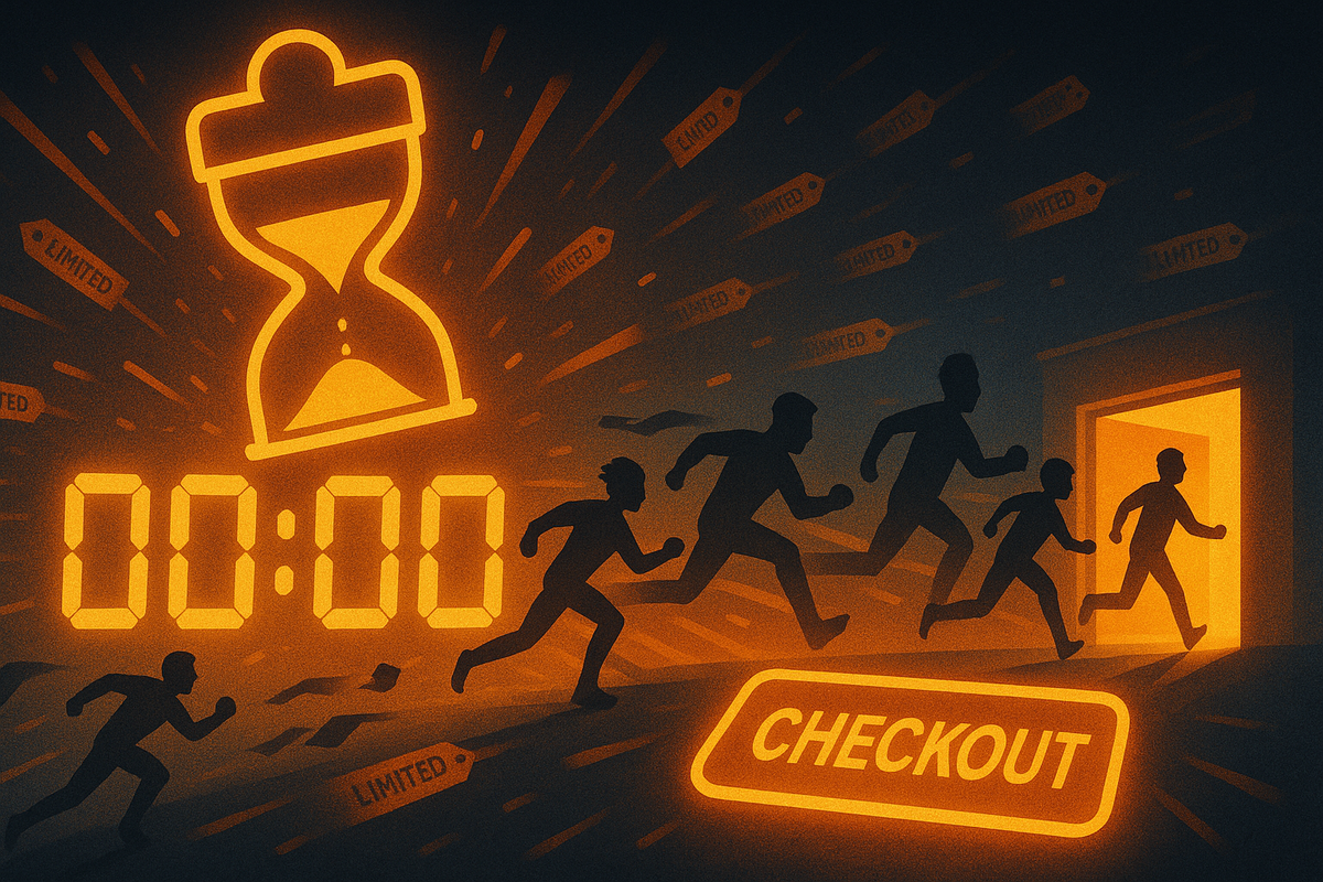 Dramatic countdown at 00:00 with a huge glowing hourglass—silhouettes sprinting toward a bright checkout door while “limited” tags fly past—intense last-second scramble to secure New Year gift cards and exclusive AirTag rewards