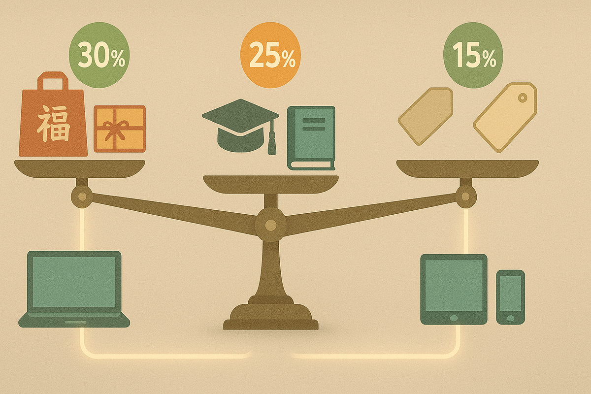 Vintage balance scale comparing three discount worlds—New Year lucky bag and gift at 30%, graduation cap and book at 25%, plain price tags at 15%—laptop, tablet and phone underneath, soft analytic mood showing which buying route is truly most profitable