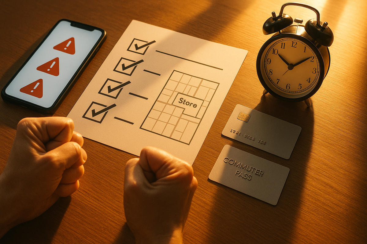 Early-morning Bic Camera PS5 battle plan on a wooden desk—alarm clock before opening time, route map to the store, checklist, smartphone flashing red alert icons, commuter pass and credit card ready, clenched fists full of determination and pre-game tension