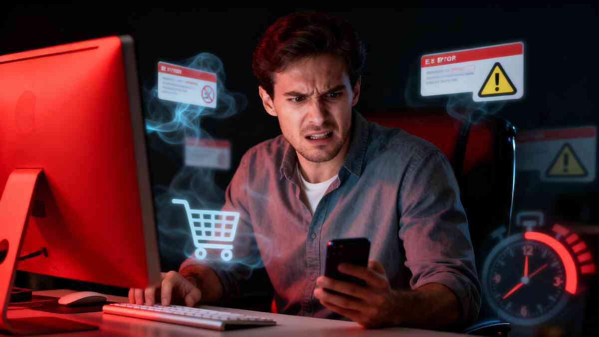 Frustrated gamer at glowing red PC screen—online cart icon, error pop-ups and warning triangles floating in smoky air, smartphone in hand, countdown timer racing, vivid anger and panic as a PS5 order fails at the last second
