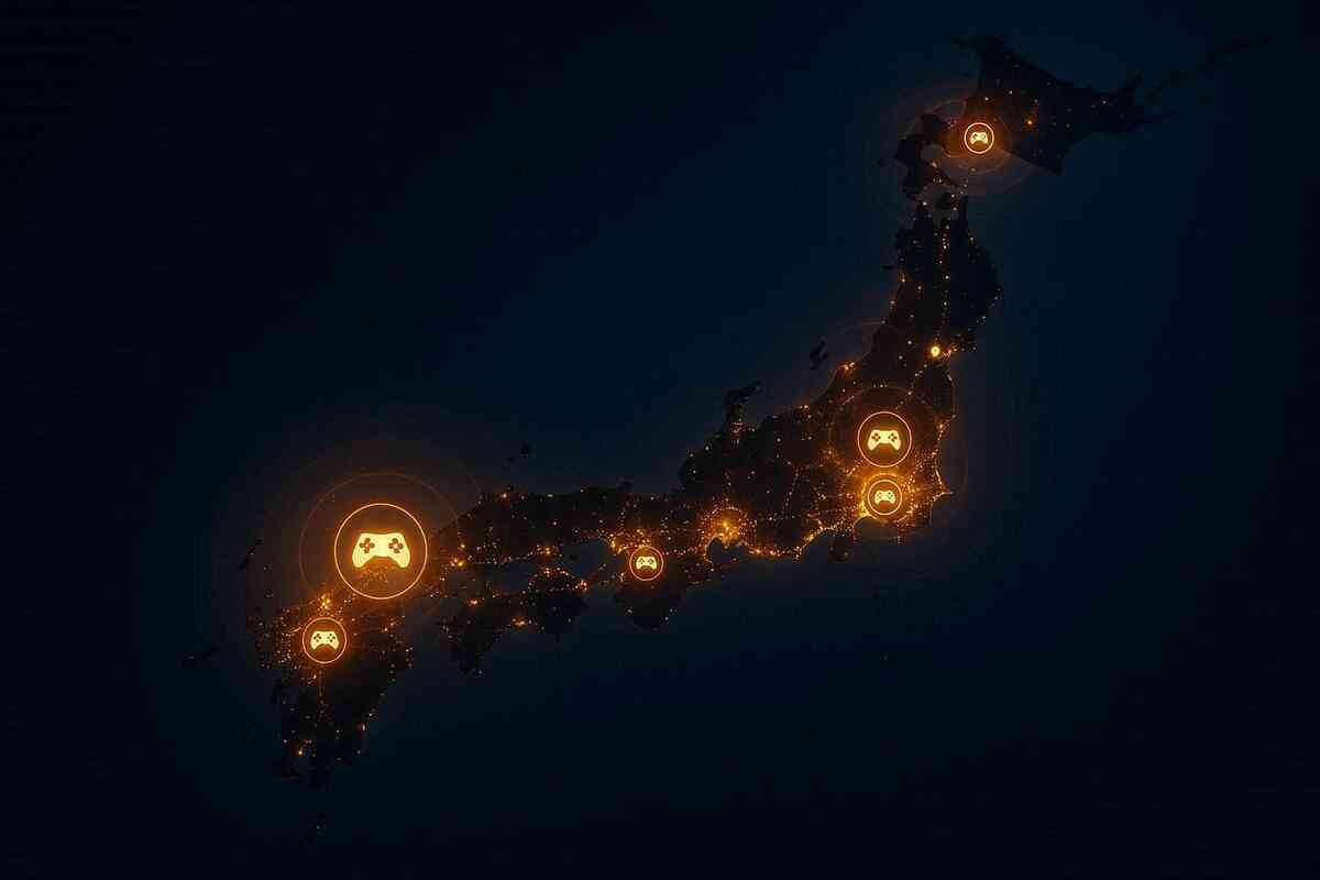 Night map of Japan lit with golden gaming controller icons—Tokyo, Osaka, Fukuoka and other cities pulsing like hotspots, cyber-style lines connecting regions, strategic nationwide view of where Bic Camera PS5 stock is hiding, analytical yet exciting hunt energy
