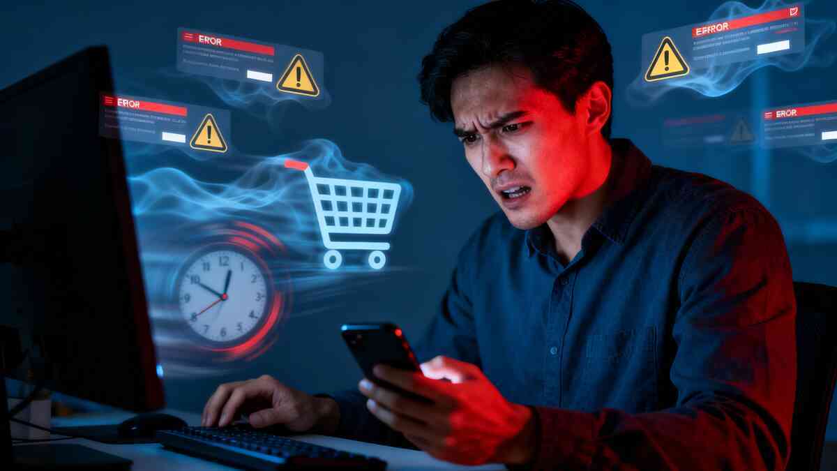 Worried shopper in a dark room staring at his phone—computer screen beside him, ghostly shopping cart and error windows, time ticking in a glowing clock, anxious blue-red lighting capturing the stressful moment an online PS5 purchase keeps failing