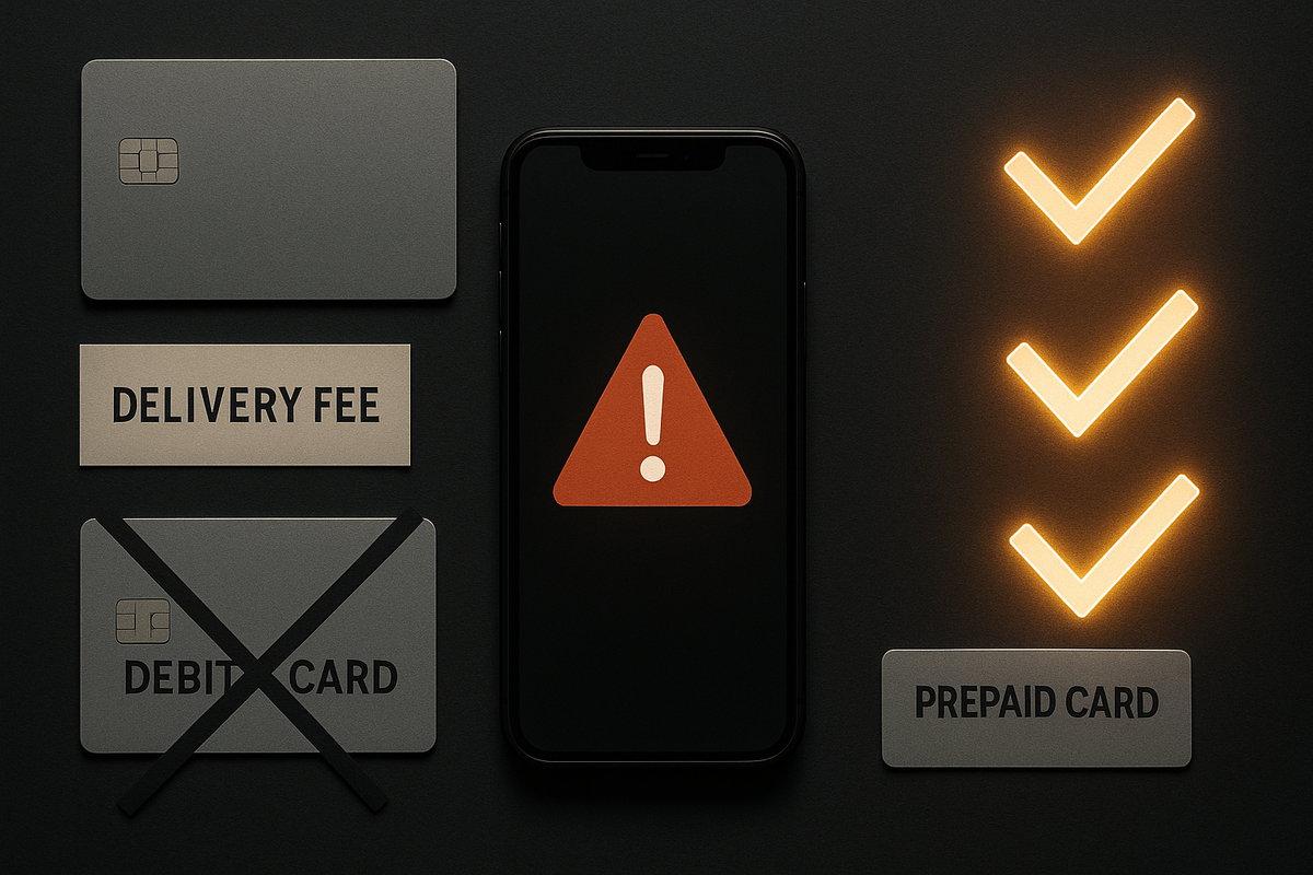 Dark flat-lay of neutral credit cards, DELIVERY FEE tag, big warning triangle on a phone, and crossed-out DEBIT/PREPAID cards—strict Aeon Style Online payment rules for the Switch 2 bundle, risk of rejection, tense but empowering caution
