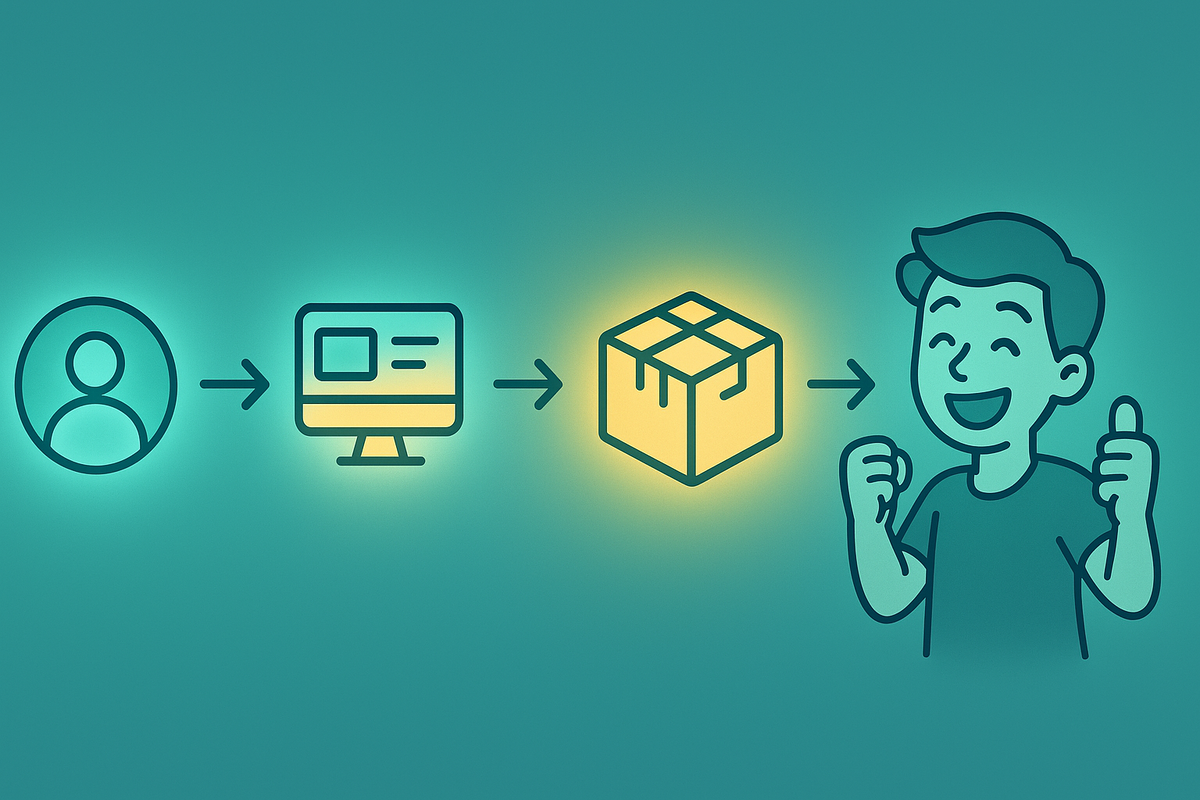 Cute teal flowchart: user icon → glowing PC screen → bright delivery box → ecstatic buyer raising thumbs—simple 4-step roadmap that shows even beginners how to complete an Aeon Style Online Switch 2 order in minutes, reassuring and friendly