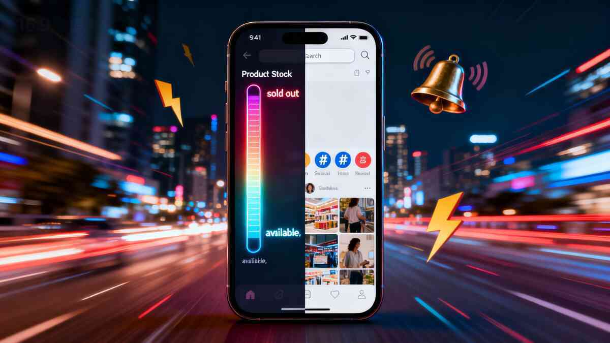 Neon smartphone in the middle of a high-speed night city—left side a rainbow stock meter from sold out to available, right side a social feed full of #Switch2 and store photos, lightning bolts and ringing bell—real-time Aeon Switch 2 stock check with X(Twitter), fast and thrilling