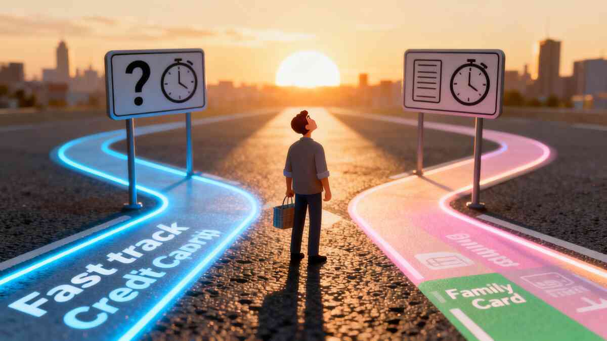 Stylized shopper at a glowing crossroads at sunrise—one neon lane marked fast-track credit card, the other labeled family/alternate card, road signs with question mark and ticking clock—emotional decision moment for creating an Aeon card or borrowing one before the Switch 2 bundle disappears