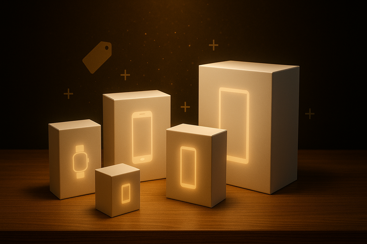 Five glowing mystery boxes for phone, tablet, and watch lined up on a wooden table—Yodobashi 2026 Apple lucky bag lineup, premium golden aura, gacha-style excitement and dreamy jackpot feeling