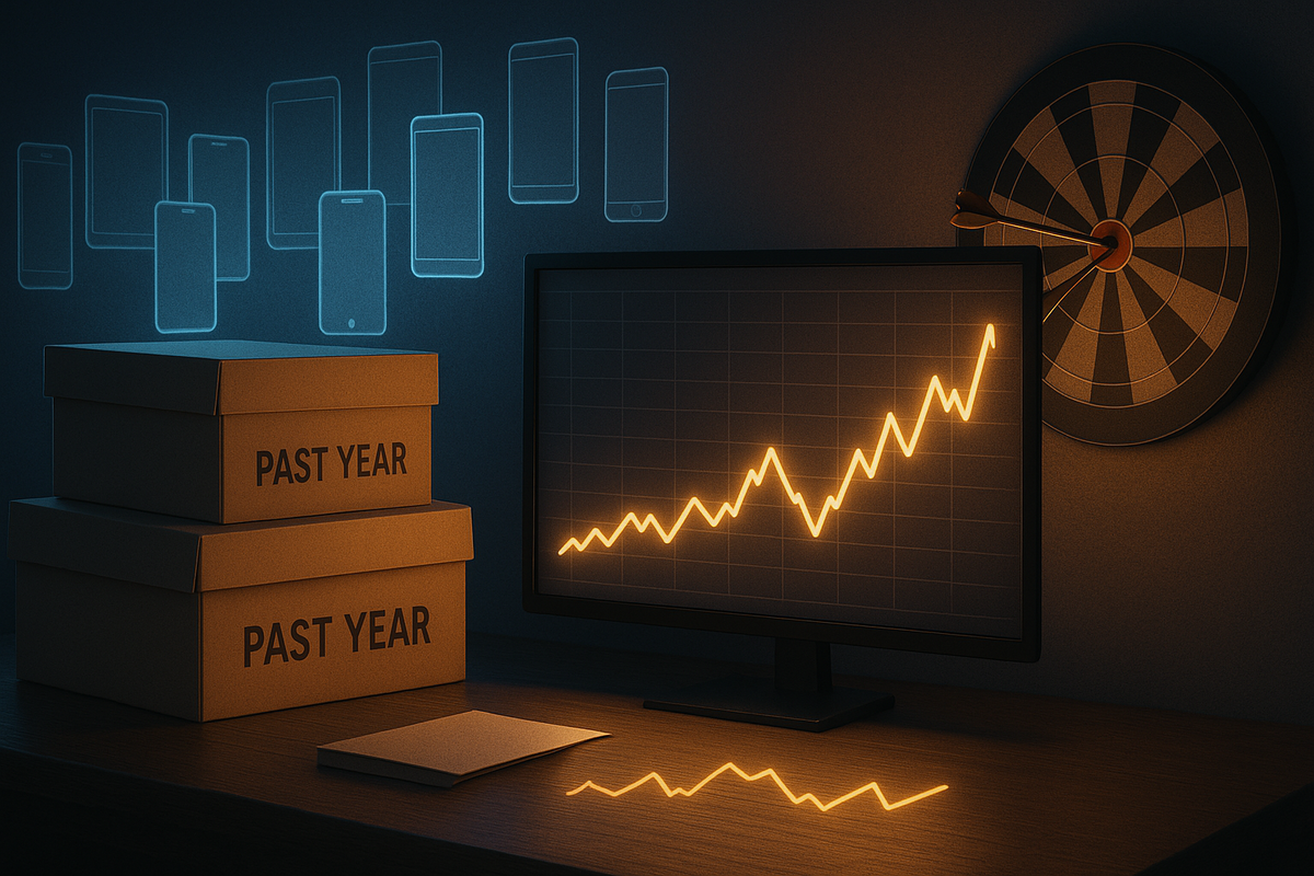 Past-year lucky bag boxes stacked beside a monitor with rising graph and ghosted phone and tablet silhouettes—five-year data analysis of Apple福袋 contents, pattern-reading tension, prediction accuracy and nerdy hype