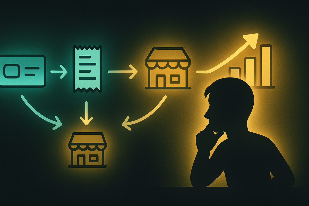Silhouette of a thinker facing neon icons of loyalty card → receipt → main store and branch store → soaring bar chart—strategy map for boosting lottery odds with purchase history, clever gamer mindset and quiet confidence