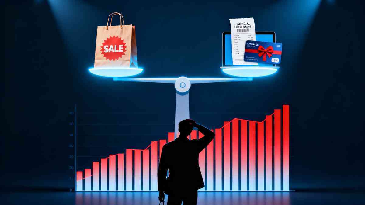 Dramatic scale weighing a SALE lucky bag against official store gift card, receipt and tablet over a red price chart—Apple New Year sale vs Yodobashi lucky bag value comparison, rational money brain vs emotional bargain hunter