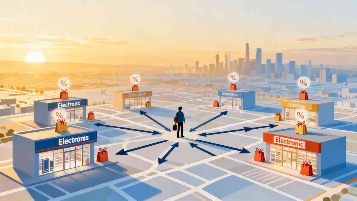 Sunrise city grid with one shopper in the center and arrows pointing to multiple electronics stores topped by discount gift bags—multi-store lottery strategy, hopeful morning energy and expansive chance to win an Apple lucky bag somewhere