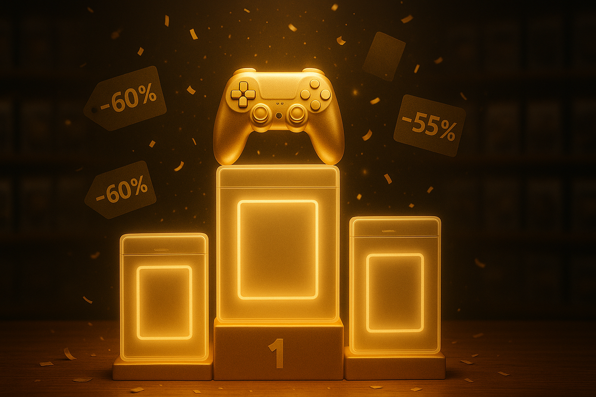 Golden game podium with a glowing controller on top and three illuminated game cases below, confetti raining down and -60% / -55% tags drifting in the air—must-buy half-price Switch titles crowned like champions, celebratory jackpot bargain feeling