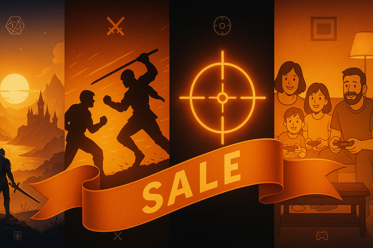 Four-panel game mural: fantasy RPG hero staring at a castle, intense fighters clashing in the rain, neon crosshair for shooters, and a happy family playing together on the sofa, all wrapped by a glowing SALE ribbon—genre map of discounted Switch adventures, cozy yet adrenaline-filled