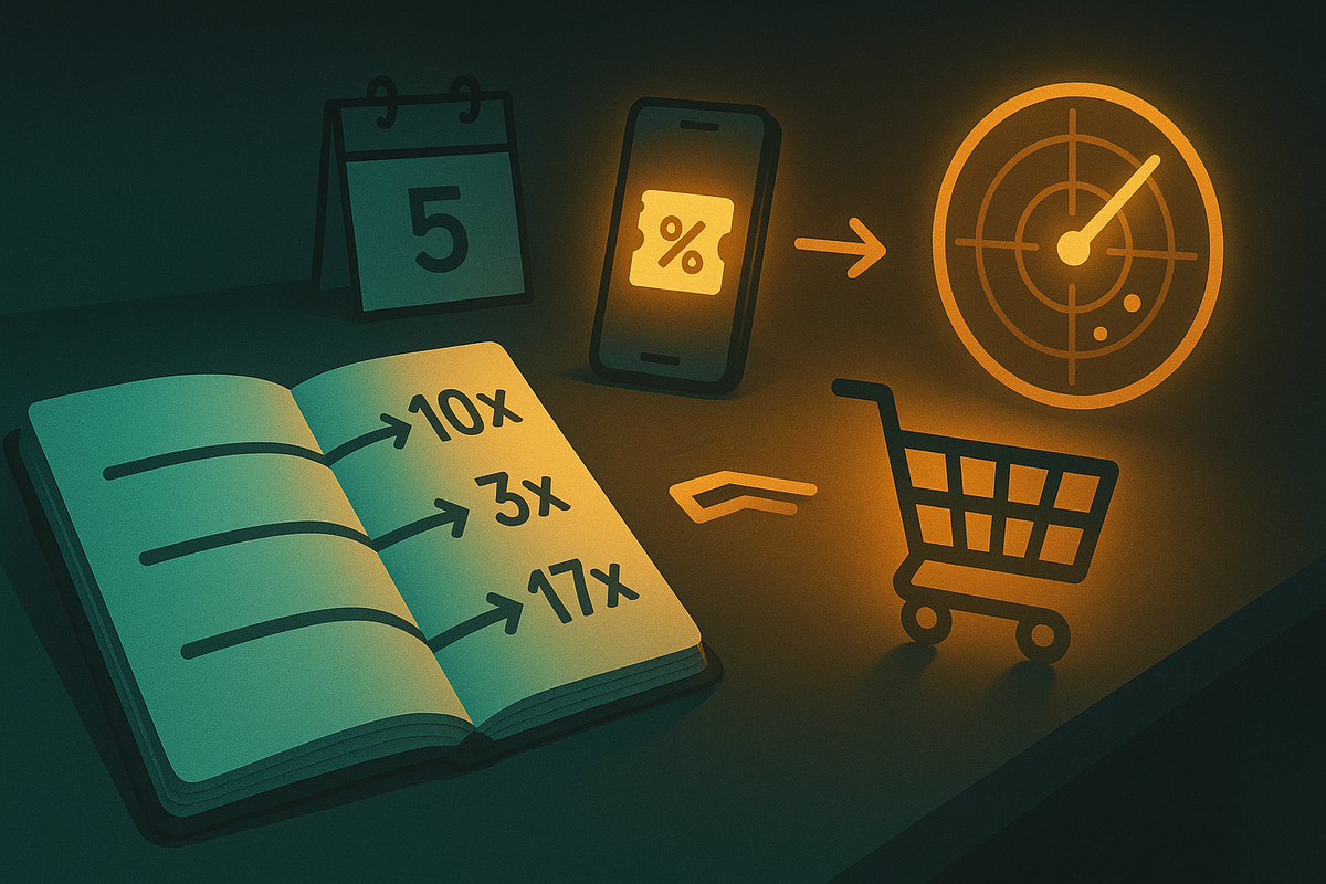Dark desk with open strategy notebook showing 10x → 3x → 17x multipliers, calendar marked on the 5th, smartphone flashing a coupon icon, radar screen locking onto deals, and shopping cart outline—pro-level Rakuten Super Sale playbook for stacking points and hunting lowest prices