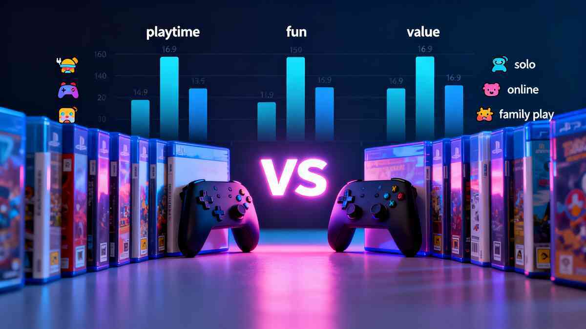 Two rows of colorful game cases facing each other with twin controllers in the center under a bright VS sign, blue bar charts for playtime, fun, and value rising behind them and icons for solo, online, and family play—head-to-head comparison of popular Switch titles, data-driven yet hype and playful