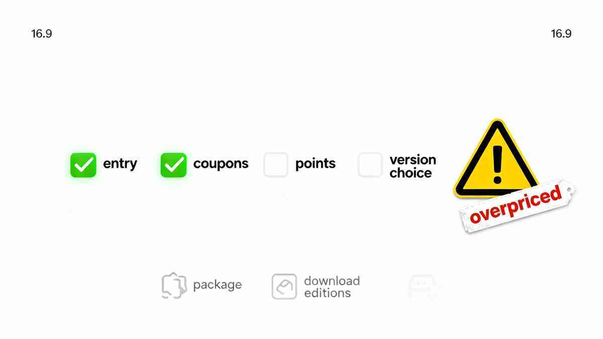 Minimal white checklist UI with glowing green check marks on “entry” and “coupons,” empty boxes for “points” and “version choice,” and a big yellow warning triangle stamped “overpriced”—calm clean design highlighting the emotional risk of buying Switch games without stacking points or choosing the right edition