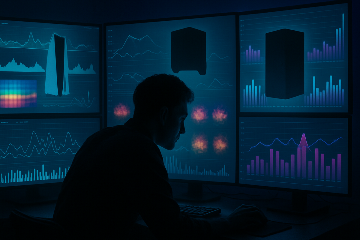 Trader-like gamer staring at multi-screen charts of console stock and price graphs—deep data analysis of Rakuten Books Switch2 drop patterns, suspenseful prediction mood