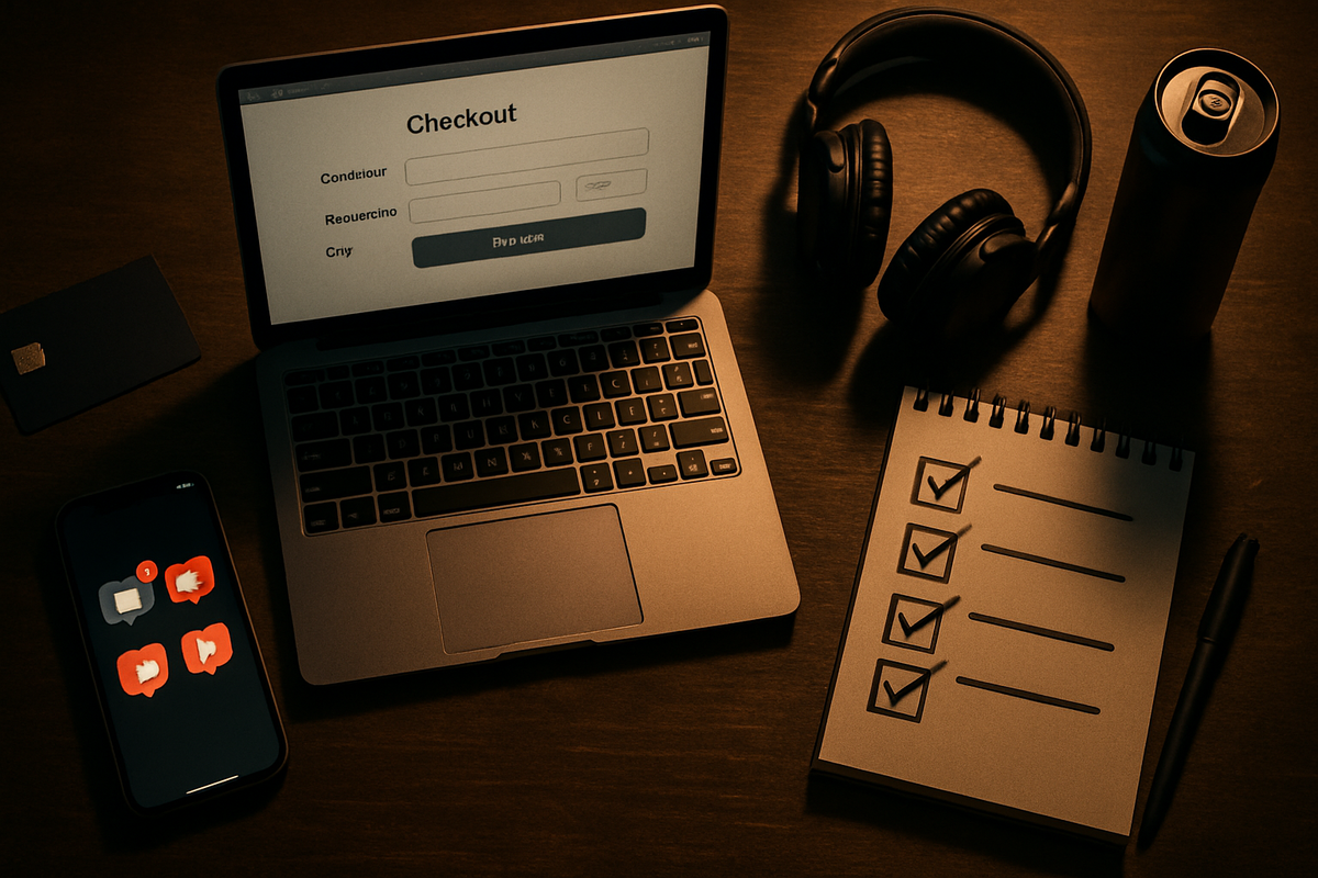 Warm desk flat lay with laptop checkout screen, smartphone alerts, energy drink, headphones, and completed checklist—calm before the storm, perfectly prepared for the frantic Switch2 Rakuten flash sale