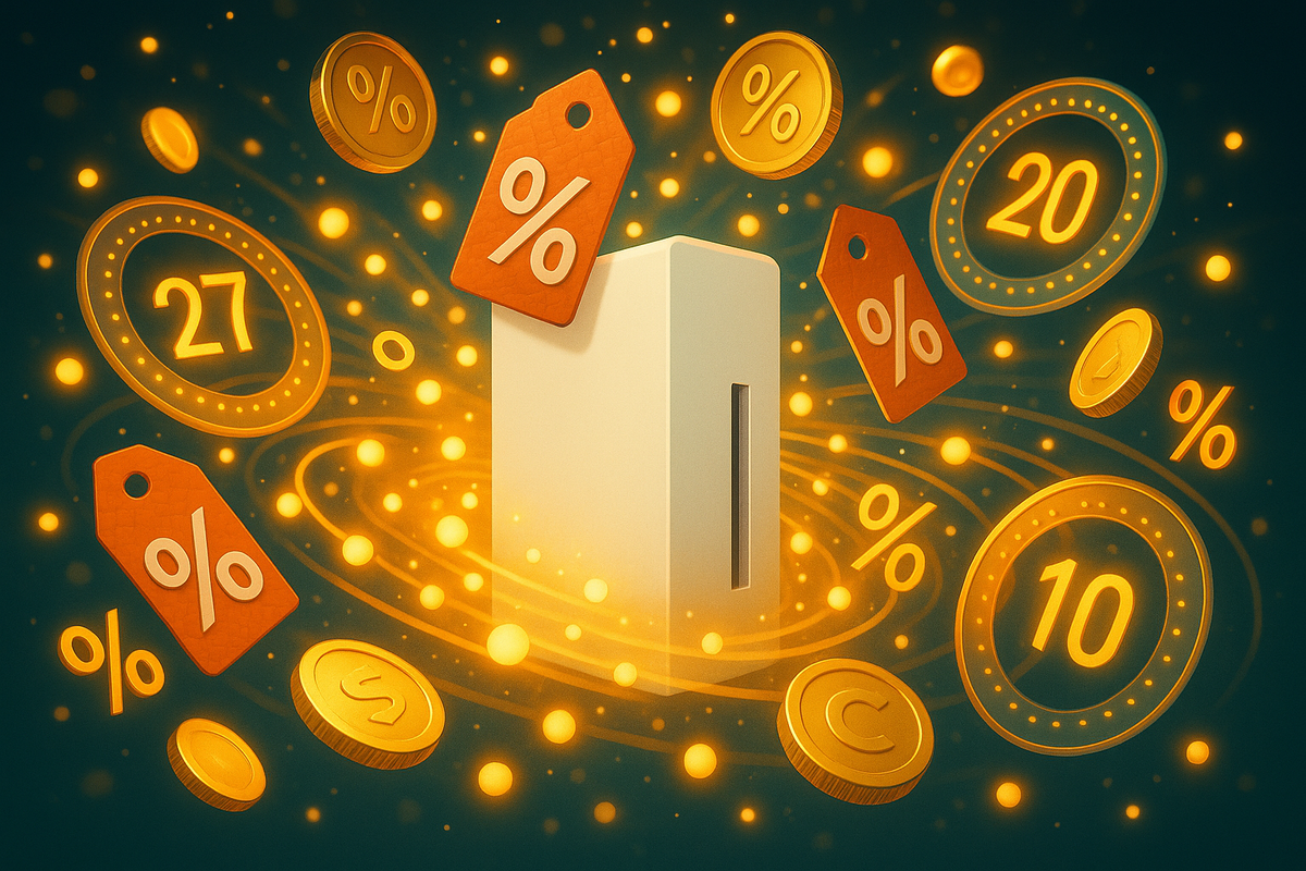 Minimal white game console surrounded by glowing coins, percentage tags, and “10 / 20 / 27” discount halos—magic Rakuten point galaxy, explosive savings, joyful jackpot feeling on zero days