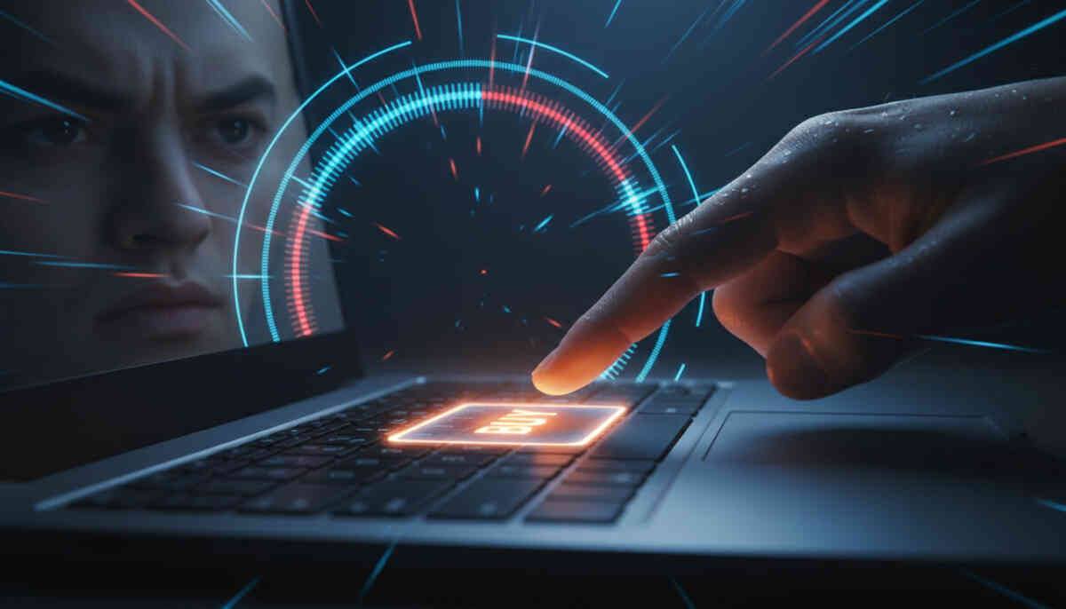 Sweaty finger about to slam a glowing BUY key on a laptop, buyer’s focused face reflected in the screen—do-or-die three-minute window for Rakuten Books Switch2 purchase, heart-pounding decisive moment