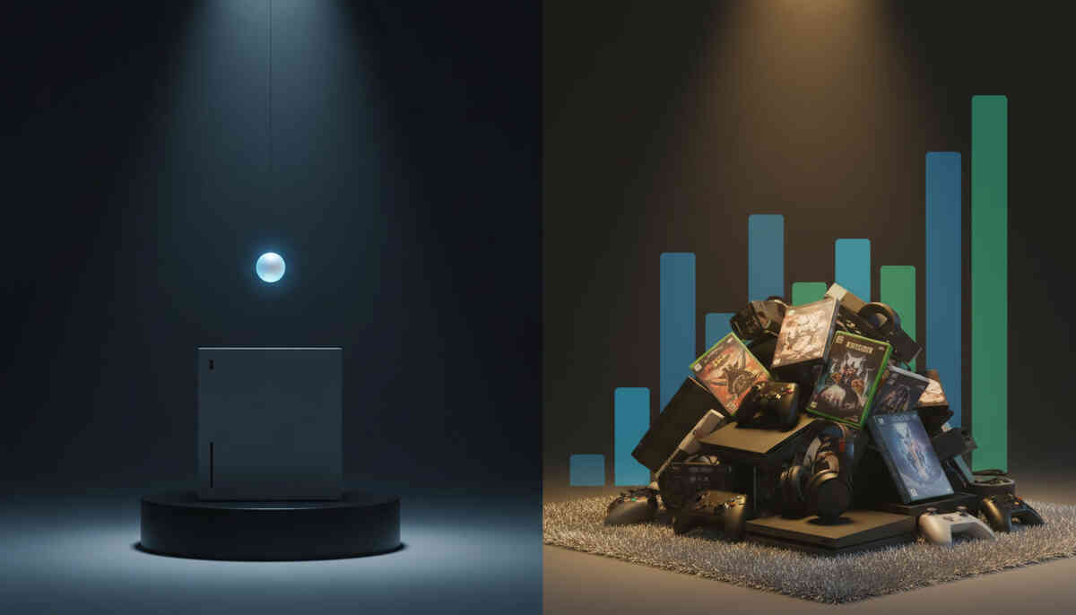 Split-screen: lonely single console under cold spotlight vs huge colorful pile of games, controllers, and accessories backed by rising bars—emotional comparison of bare-bones unit vs value-packed Switch2 bundles, smart choice satisfaction