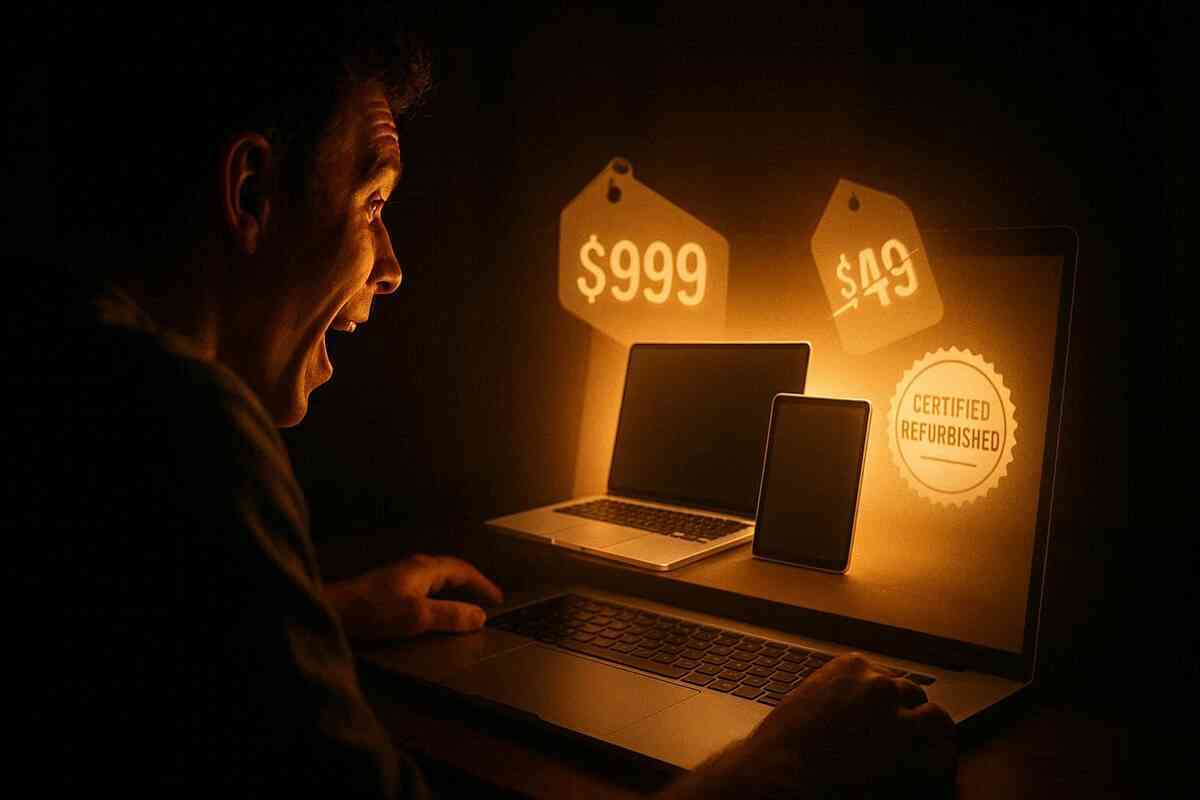 Man lit by a warm laptop glow staring in disbelief at floating price tags—$999 vs a dramatically reduced tag and a “certified refurbished” badge—jaw-dropped joy at discovering Apple refurbished deals that slash hundreds off a MacBook, cozy late-night money-saving euphoria