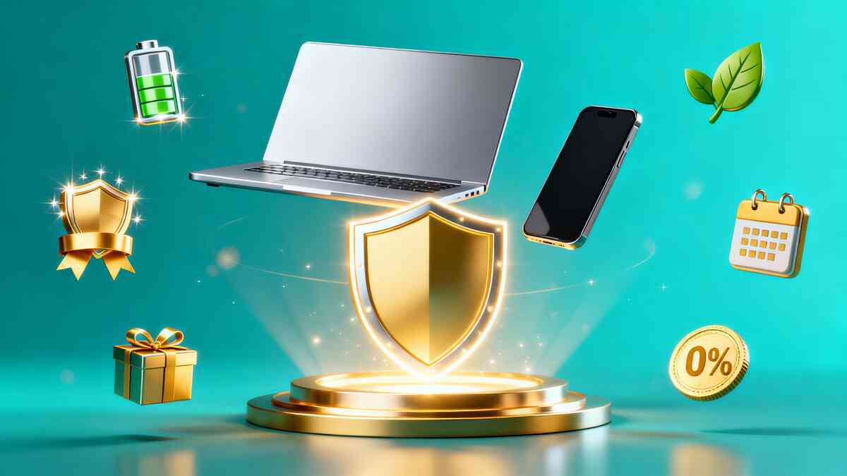 Floating silver laptop and smartphone hovering above a golden shield, surrounded by icons for fresh battery, calendar warranty, eco leaf, gift box, and 0% coin—Apple certified refurbished protection,安心 one-year guarantee, sustainable choice and interest-free payments wrapped in a dreamy teal glow