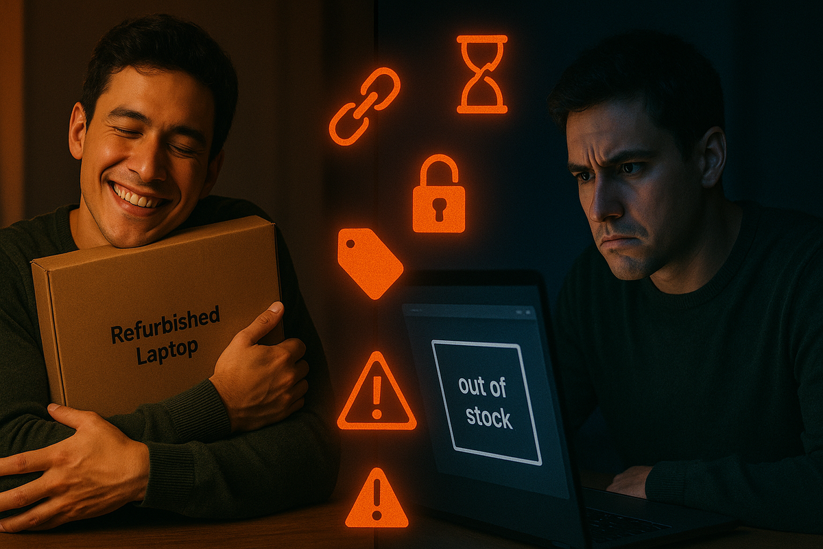Split-screen of one man hugging a “refurbished laptop” box with a blissful smile while another frowns at an “out of stock” screen, orange warning icons between them—emotional roller coaster of Apple refurbished shopping, rare lucky win vs painful FOMO and hidden caveats