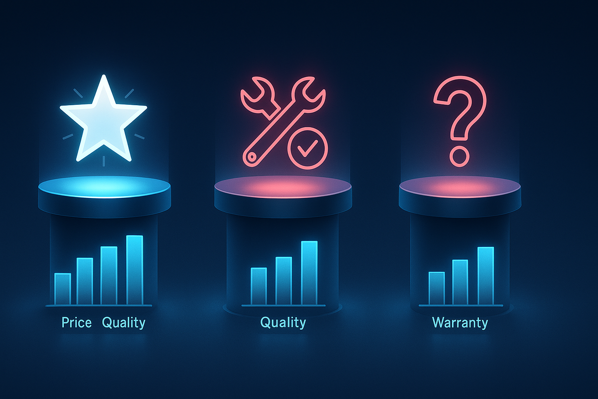Three glowing pedestals showing neon icons—a star, repair tools with checkmark, and a question mark—each above bar charts labeled price, quality, and warranty—calm analytic comparison of new vs certified refurbished vs used Apple devices, smart buyer weighing true value in 2025