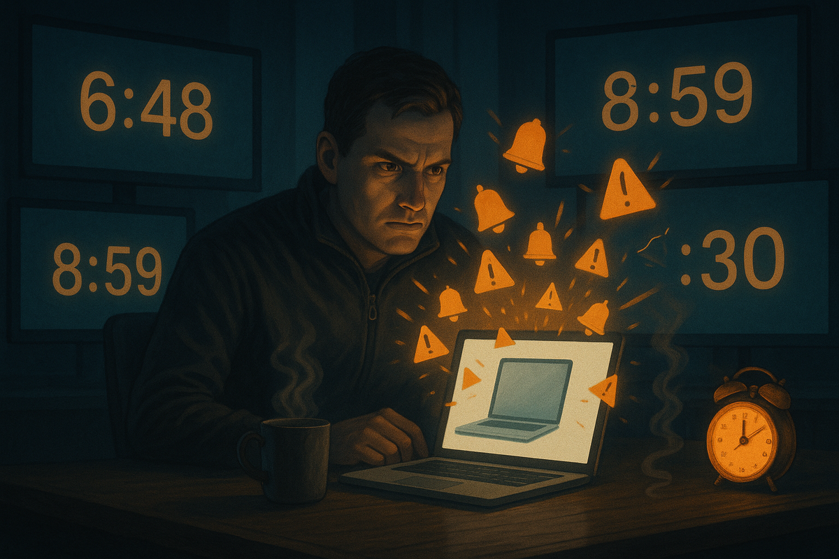Serious bargain hunter hunched over a laptop at dawn, steaming coffee beside him, monitors showing times like 6:48 and 8:59, screen exploding with bell and alert icons—intense early-morning grind to catch limited Apple refurbished stock the second it appears, heart-pounding hunt energy