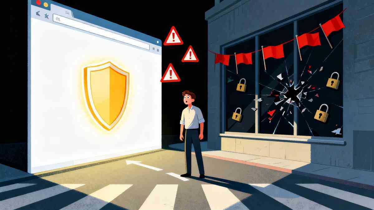 Nervous shopper standing at a crossroads between a giant browser window with a glowing security shield and a shady storefront full of broken glass, padlocks, and red flags—dramatic choice between Apple’s official refurbished site and risky third-party sellers, vivid scam-avoidance warning