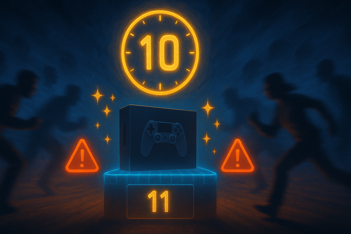 Dramatic arena with a glowing 10 clock floating above a game console box on a podium labeled 11—runners sprinting in from both sides, warning signs blinking—high-stakes race energy between December 10 and 11 for the last Super Sale Switch2 units