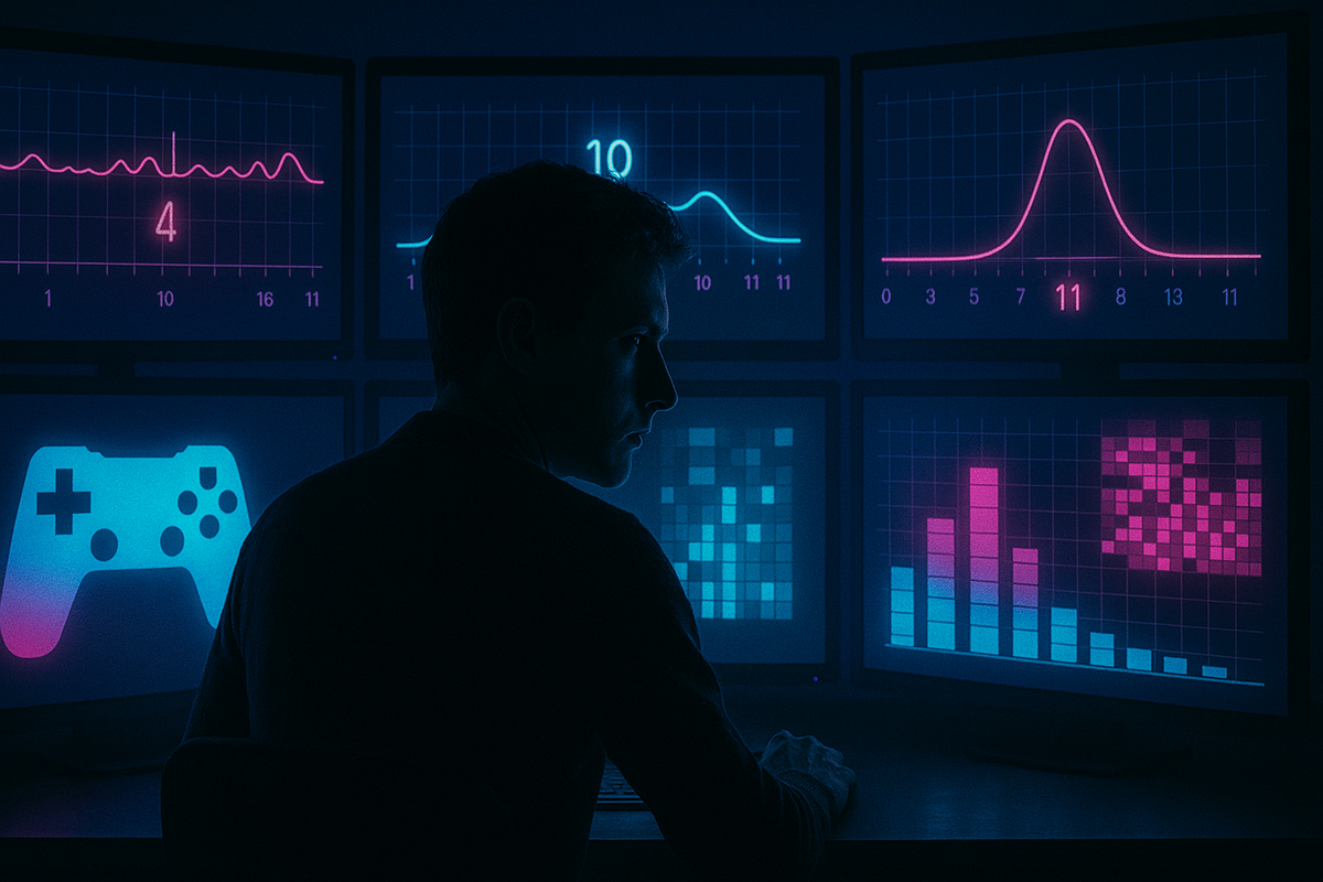 Dark control room of glowing monitors—date lines for 4, 10, and 11, probability curves peaking on the 11th, gamepad icon and bar graphs pulsing in neon blue and pink—data-obsessed gamer analyzing drop history to predict the smartest Switch2 buy day