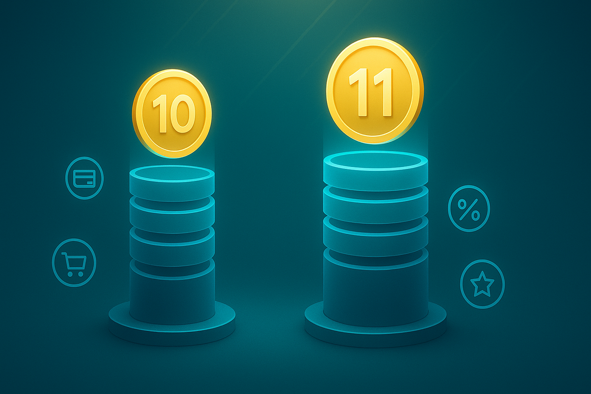 Minimal teal dashboard with two tall stacks of glowing coins—big golden 10 and 11 medallions on top, subtle icons for card, cart, percent and star around them—crystal-clear visual of point return difference between buying Switch2 on December 10 vs 11